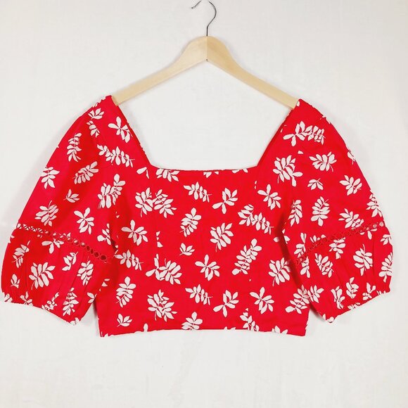 Ann Taylor, Top, Red with White Leaf Print, Square Neck, Puffed Sleeves, Size 8 - Picture 8 of 15